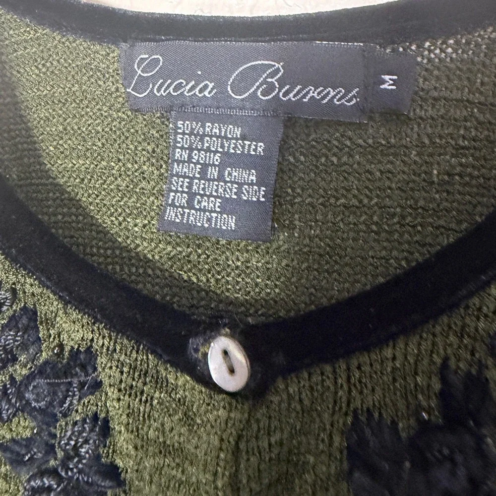 Lucia Burns Olive Green Embroidered Floral Cardigan Sweater Velvet Trim Size M